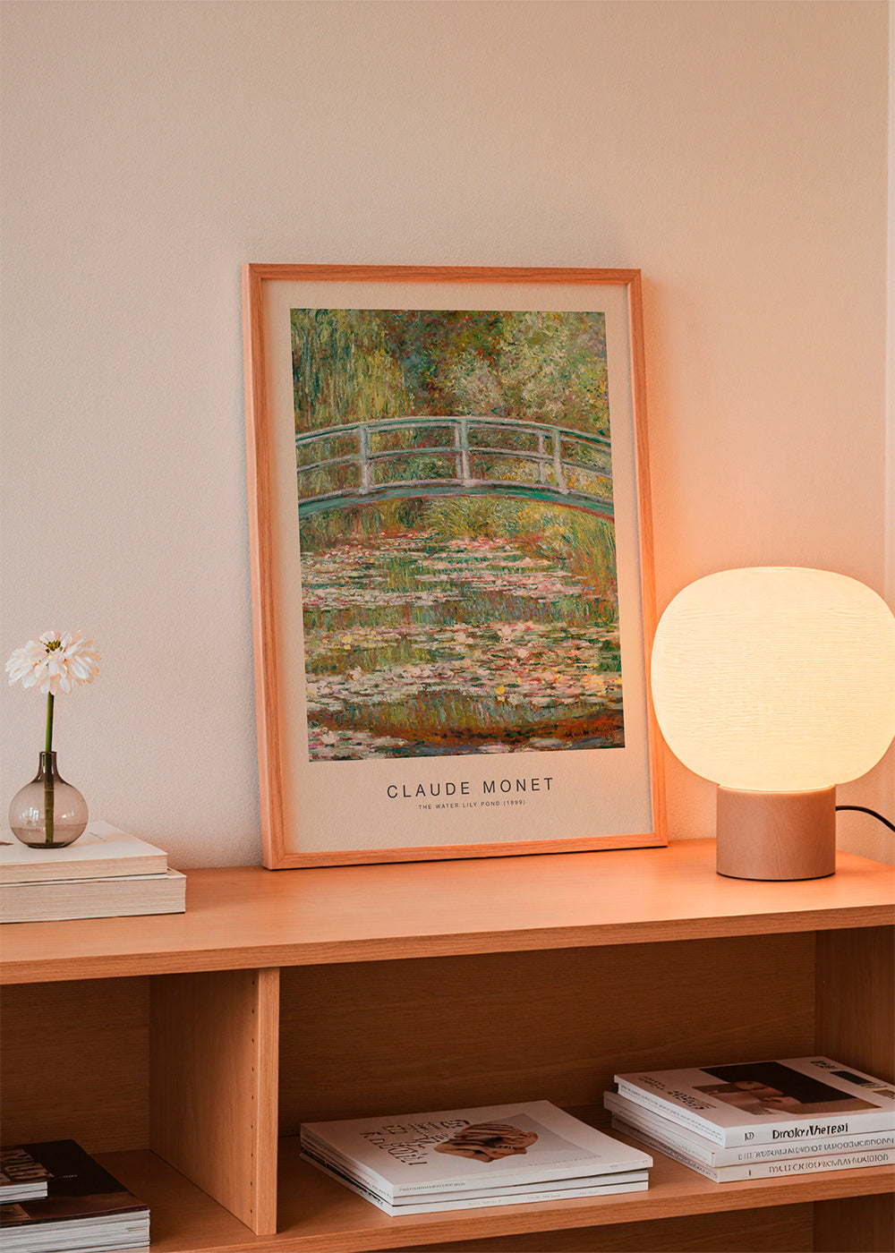Plakat botaniczny lilie wodne i most Moneta