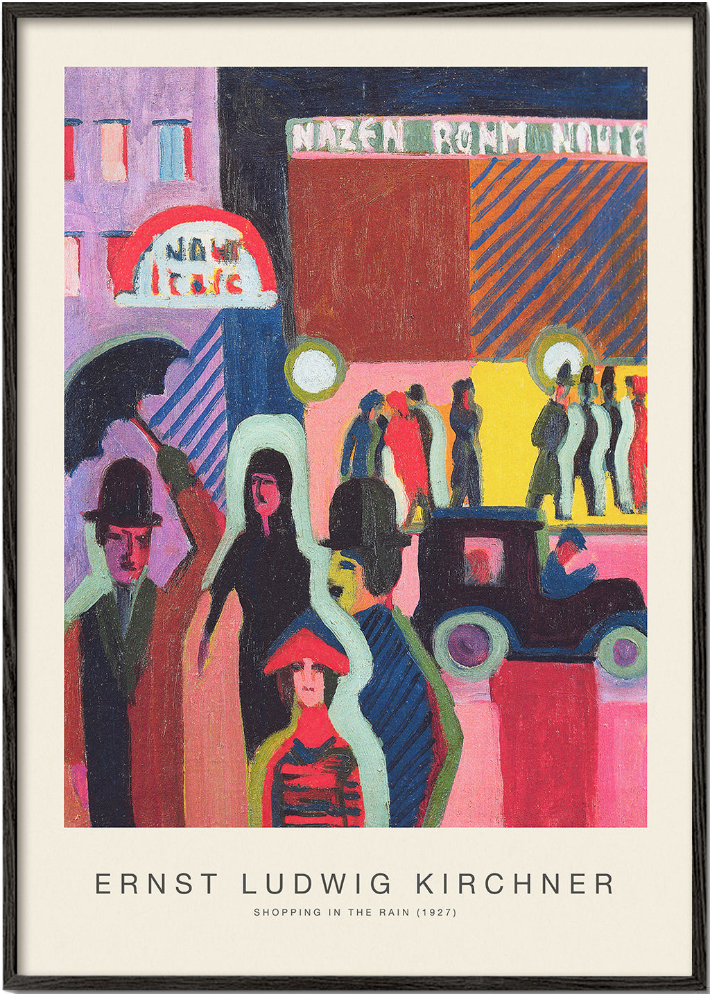 Plakat vintage: miejska scena w deszczu