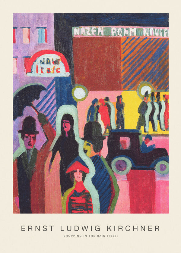 Plakat vintage: miejska scena w deszczu