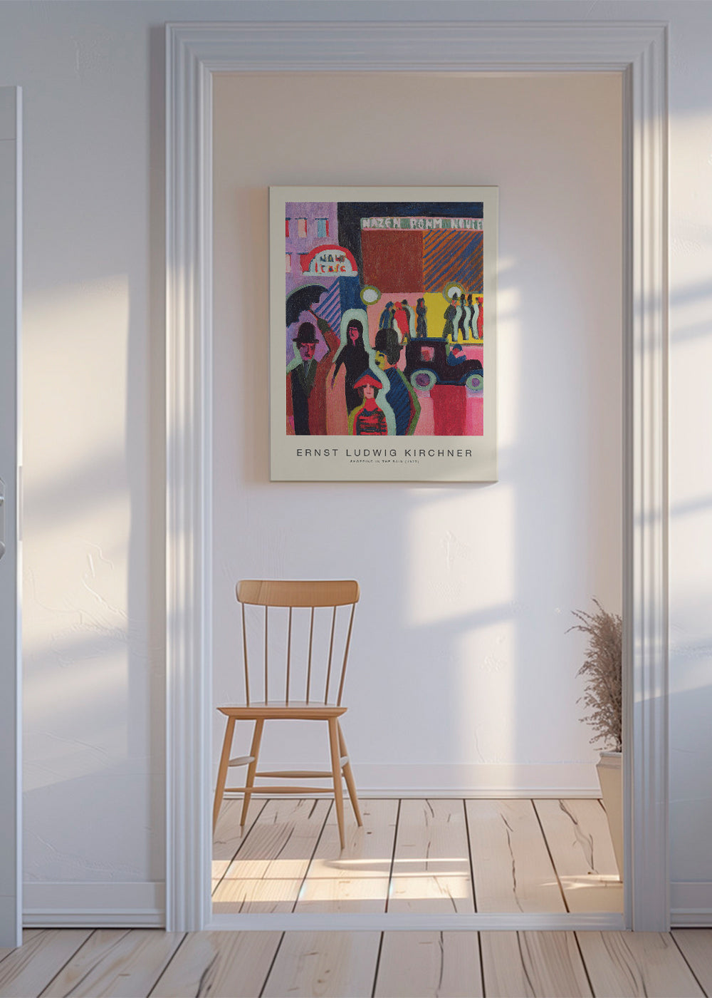 Plakat vintage: miejska scena w deszczu
