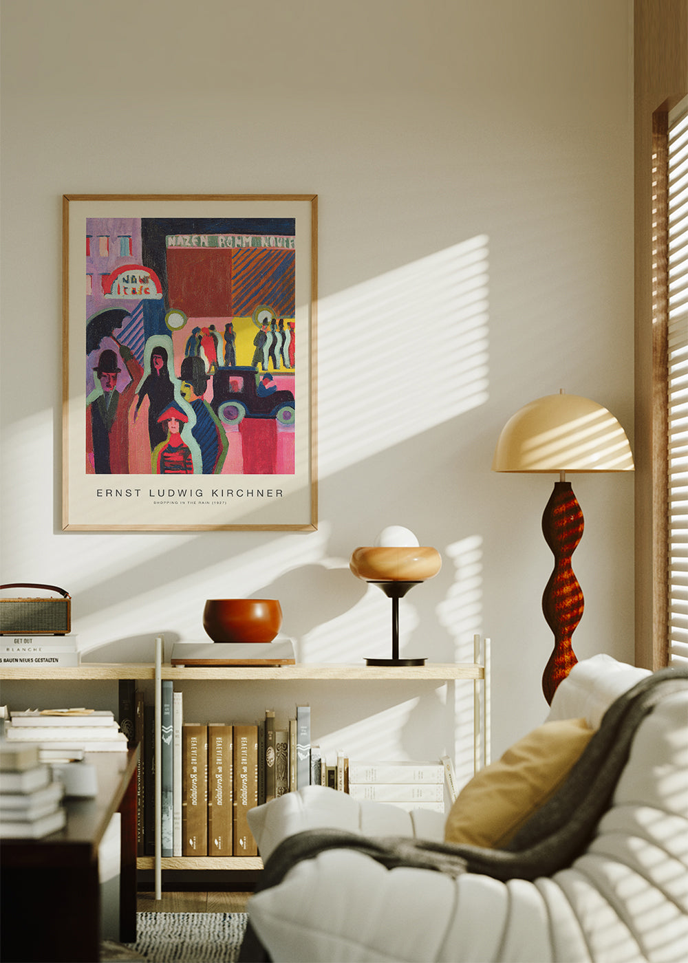 Plakat vintage: miejska scena w deszczu