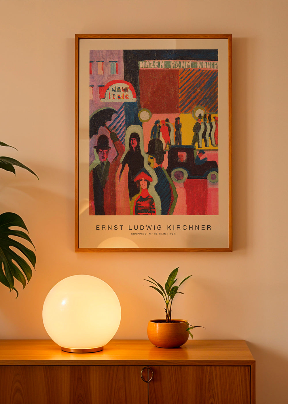 Plakat vintage: miejska scena w deszczu