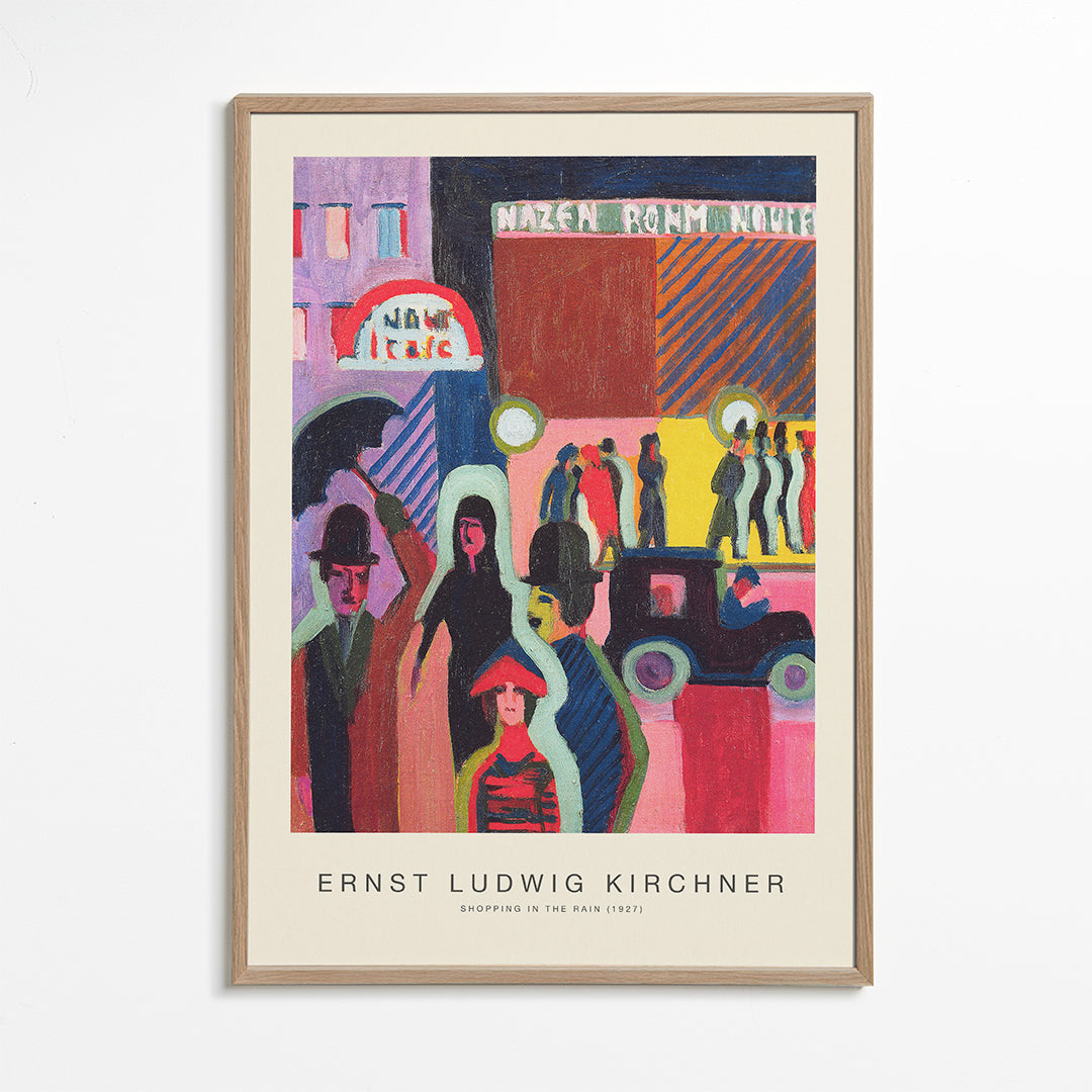 Plakat vintage: miejska scena w deszczu
