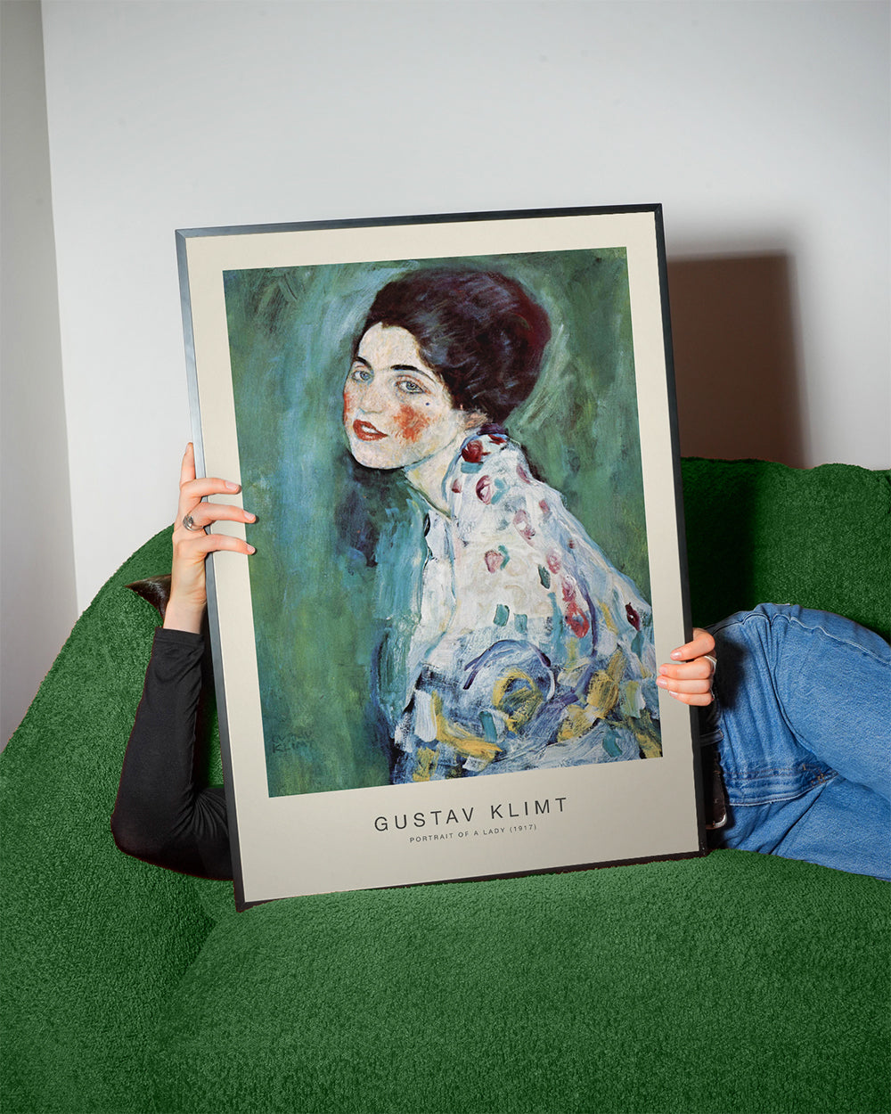 Wydruk vintage: portret kobiety na zielonym tle