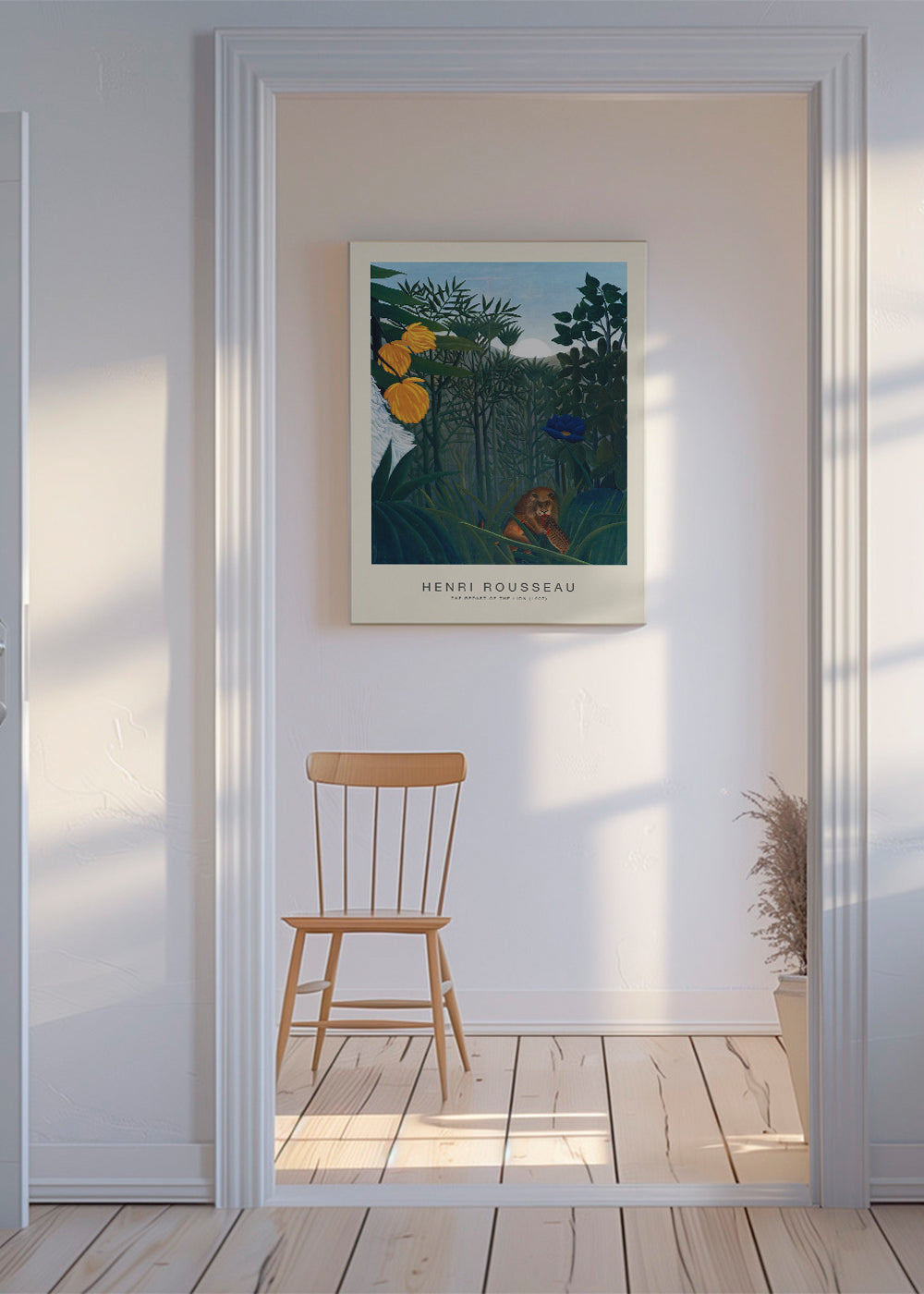 Plakat: lew w dżungli z kwiatami