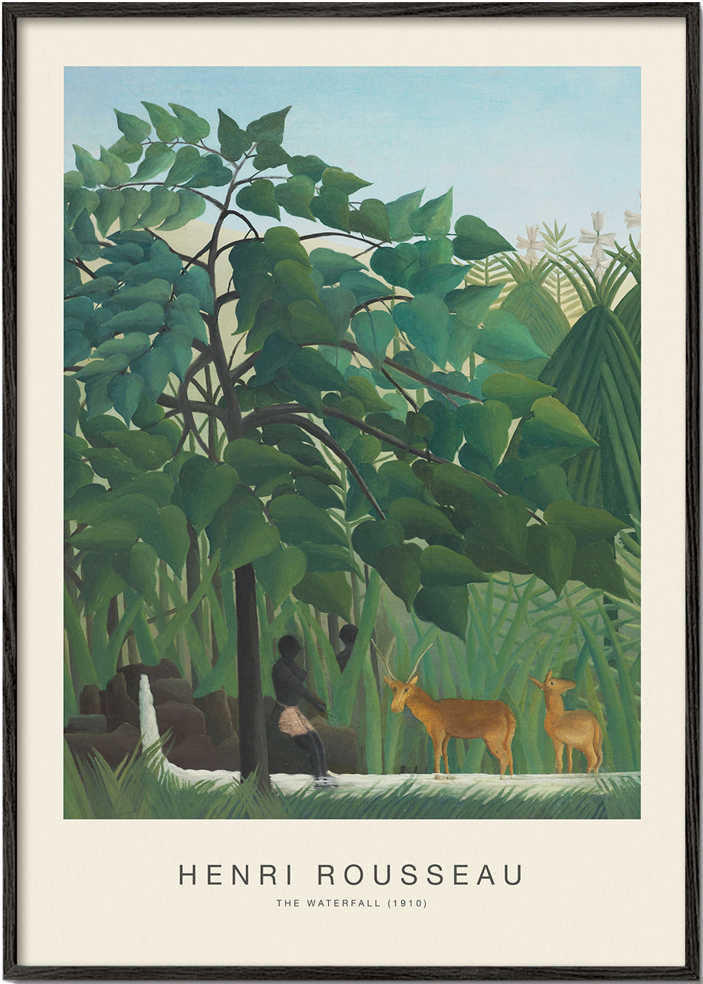 Plakat botaniczny: dżungla z jeleniami i wodospadem