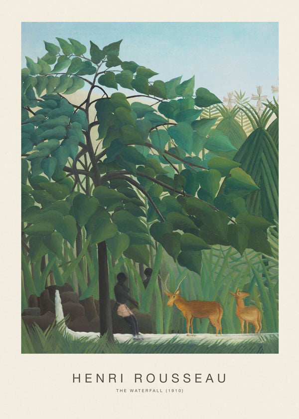 Plakat botaniczny: dżungla z jeleniami i wodospadem