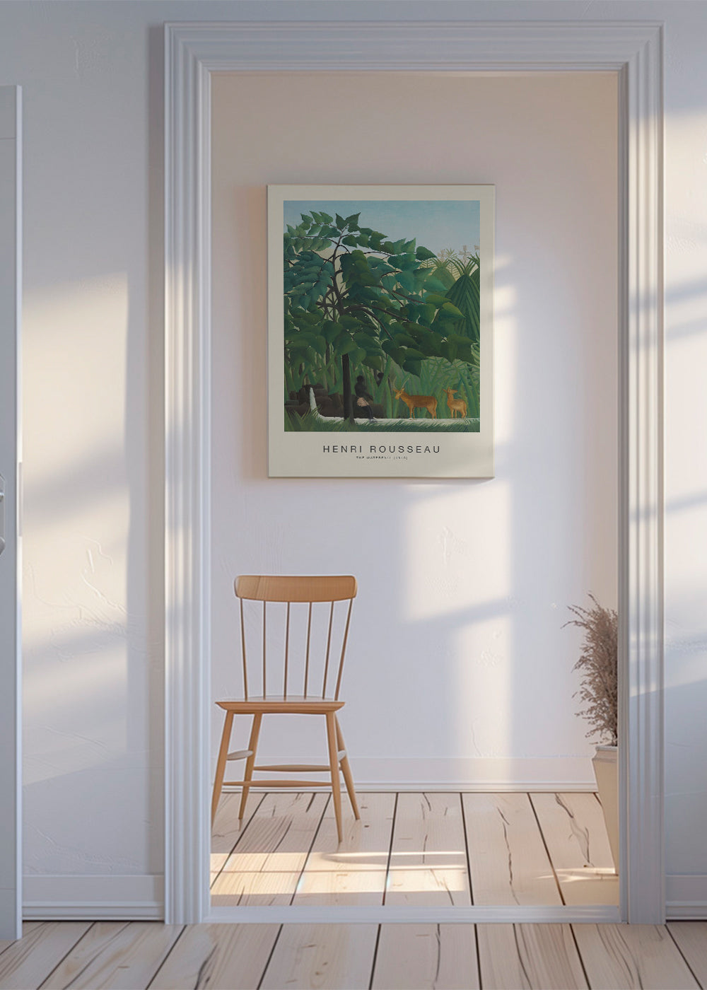 Plakat botaniczny: dżungla z jeleniami i wodospadem