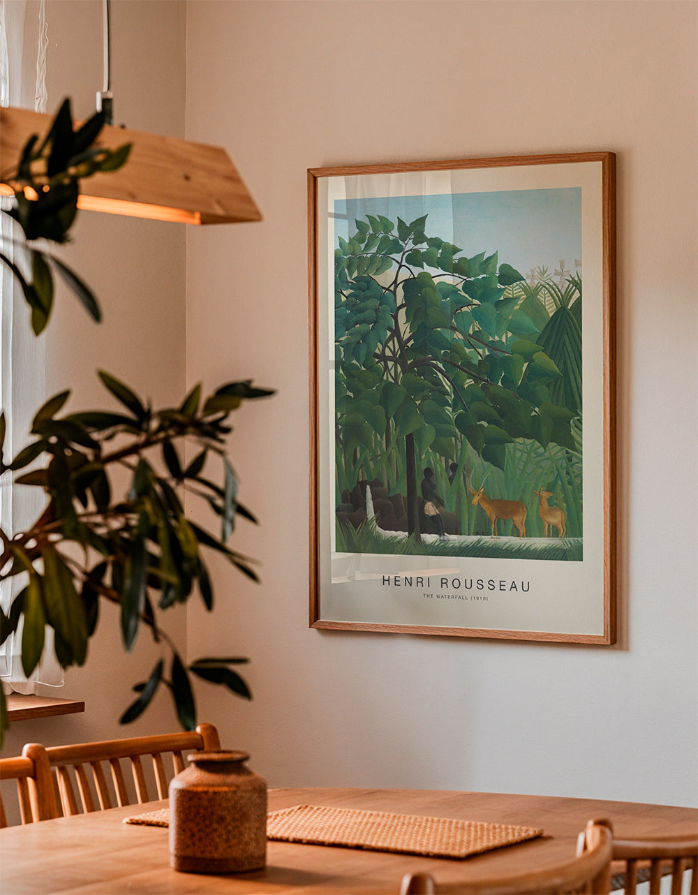 Plakat botaniczny: dżungla z jeleniami i wodospadem