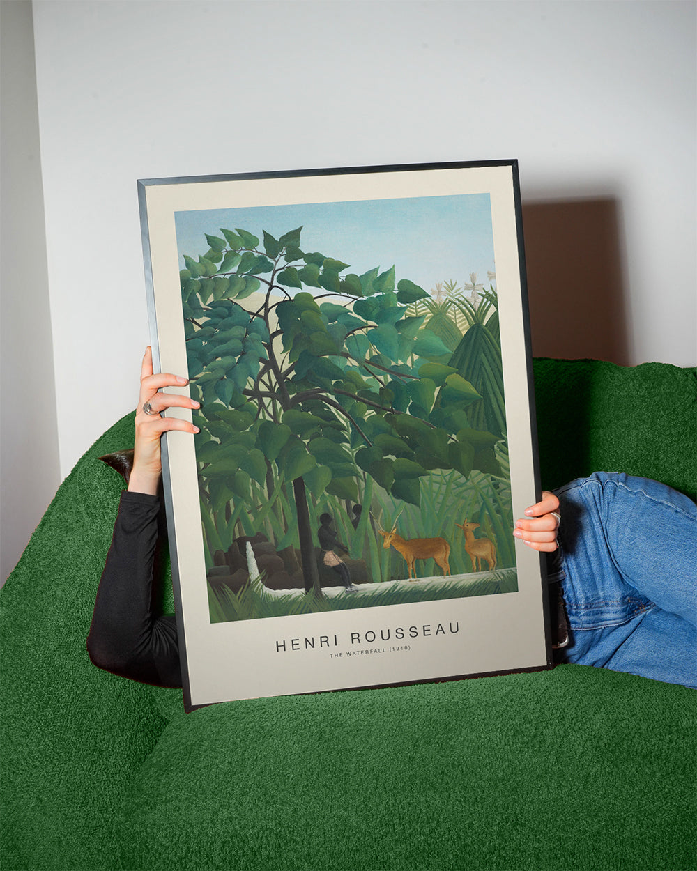 Plakat botaniczny: dżungla z jeleniami i wodospadem