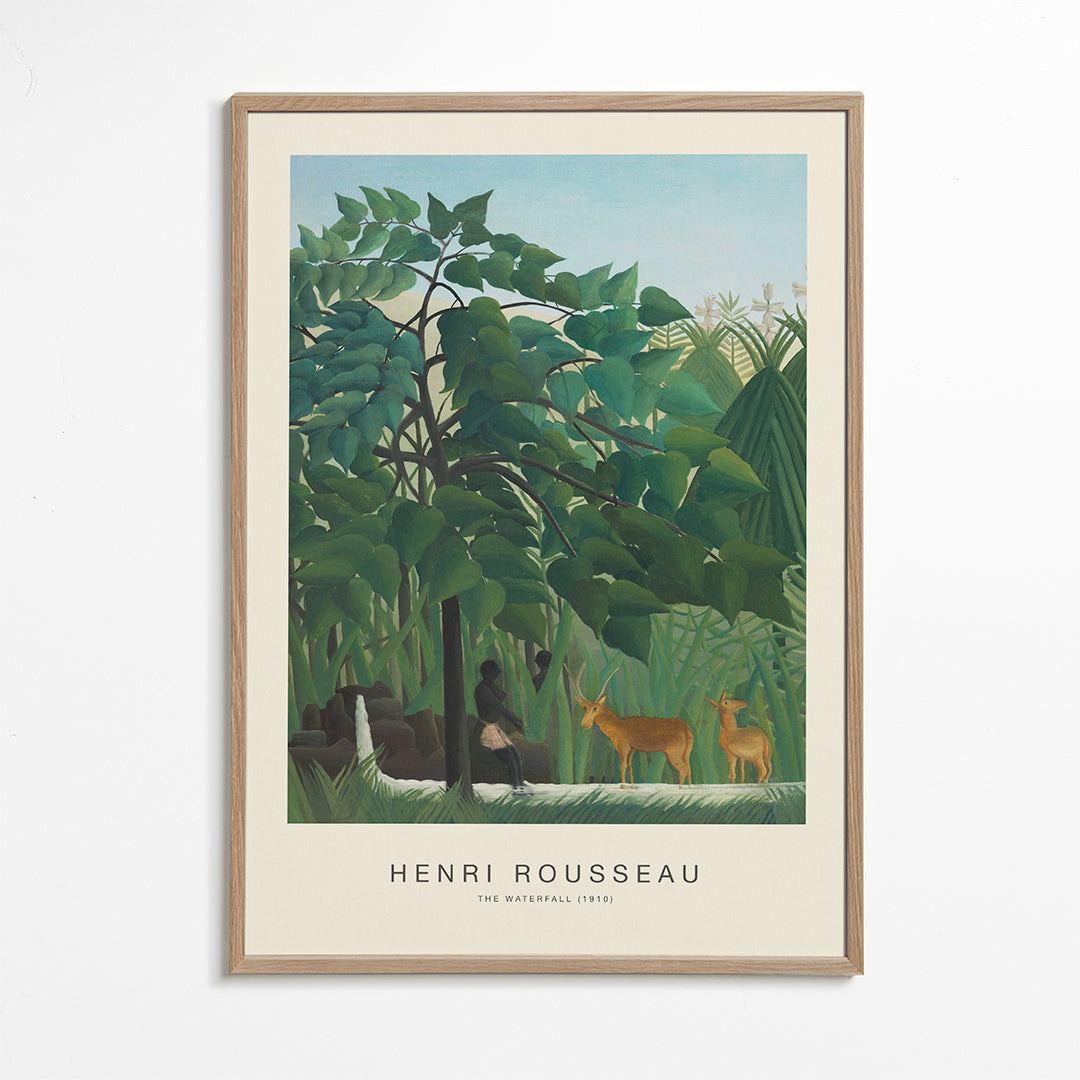 Plakat botaniczny: dżungla z jeleniami i wodospadem