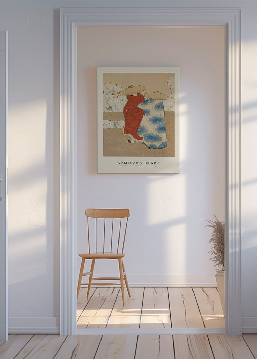 Ilustracja japońska z kimonami i kwiatami wiśni