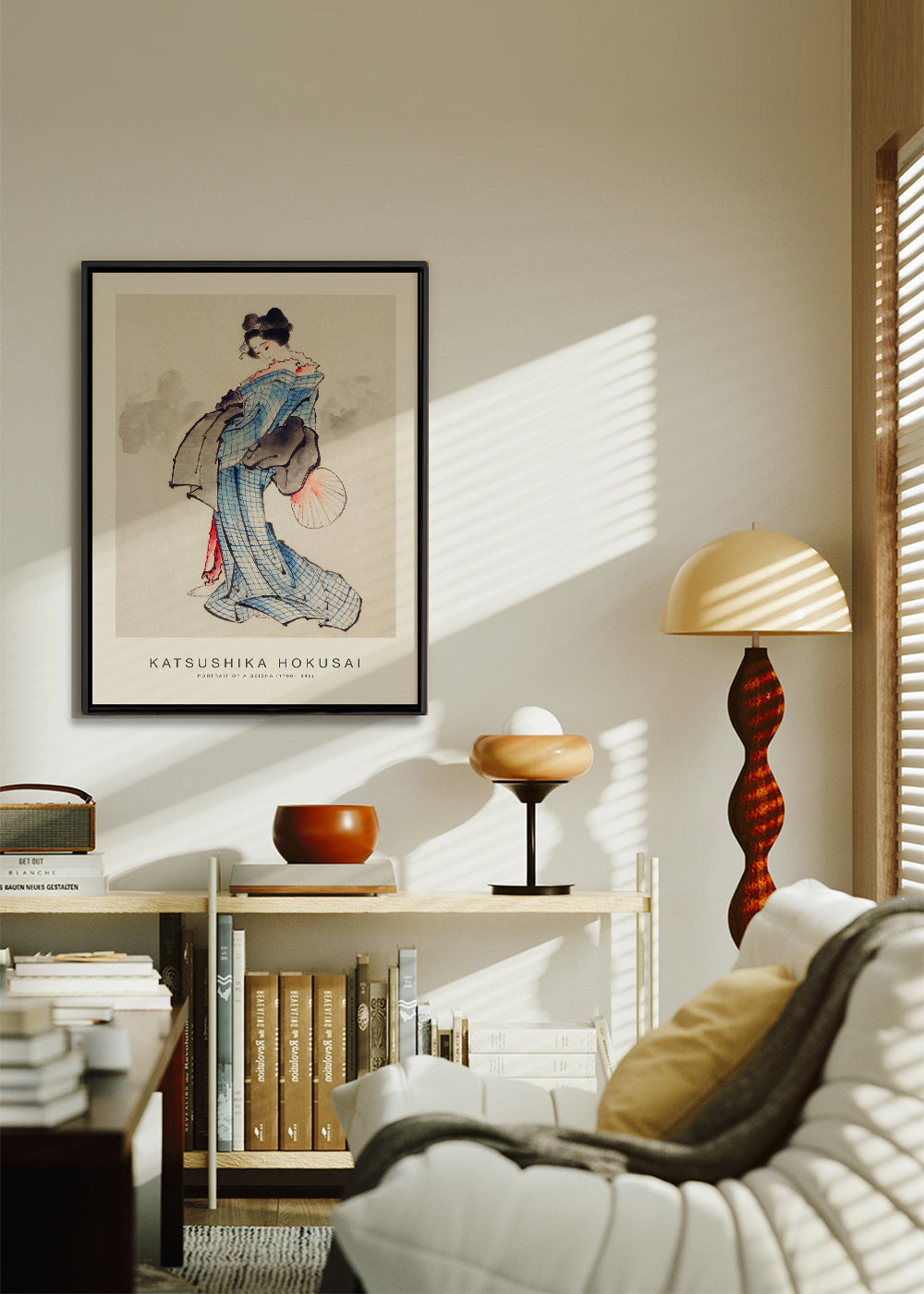 Ilustracja gejszy w niebieskim kimonie