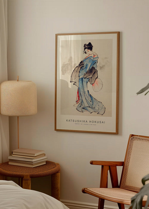 Ilustracja gejszy w niebieskim kimonie