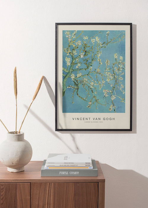 Plakat botaniczny Kwiat migdałowca na niebieskim niebie