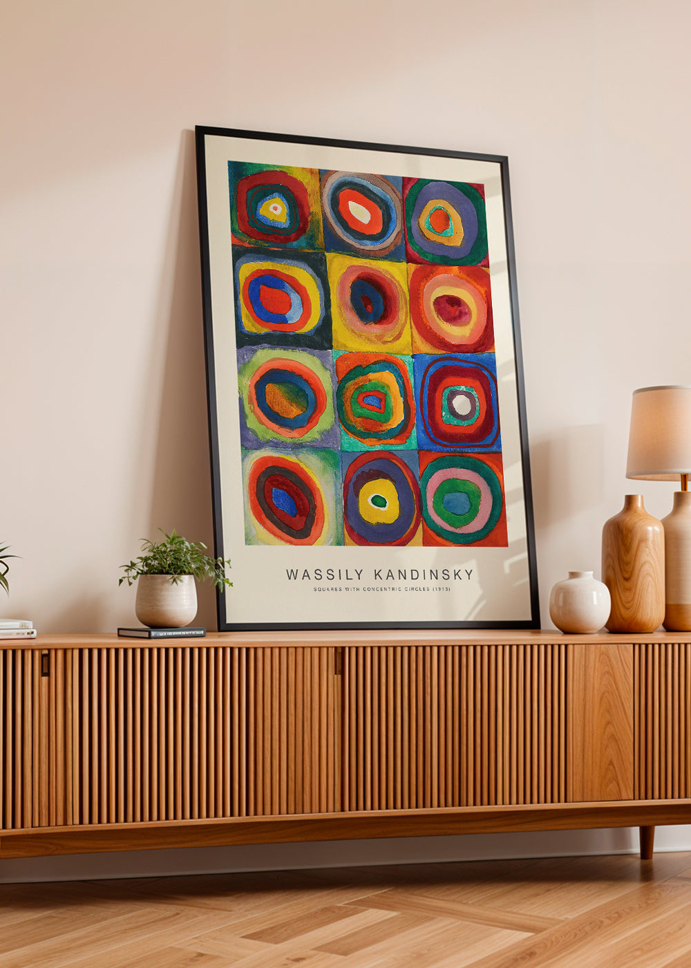 Plakat geometryczny: koncentryczne koła w siatce