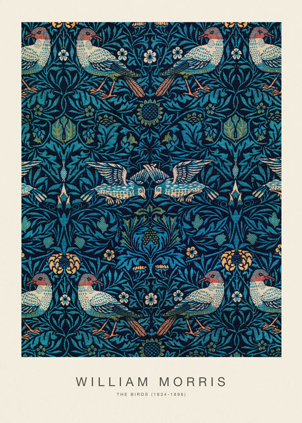 Plakat botaniczny William Morris z ptakami i niebieskim listowiem