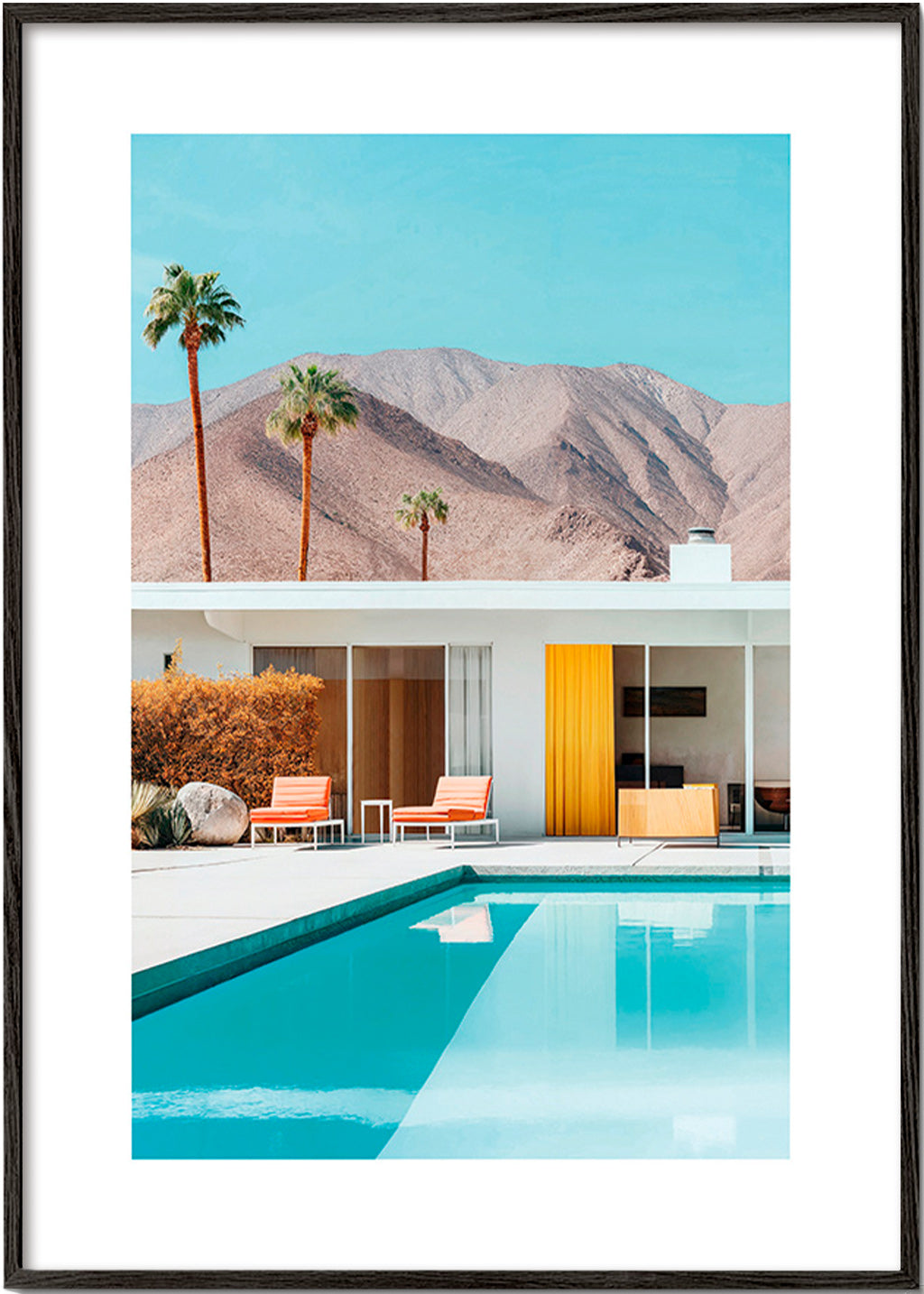 Obraz krajobrazowy z basenem i palmami – Black Frame