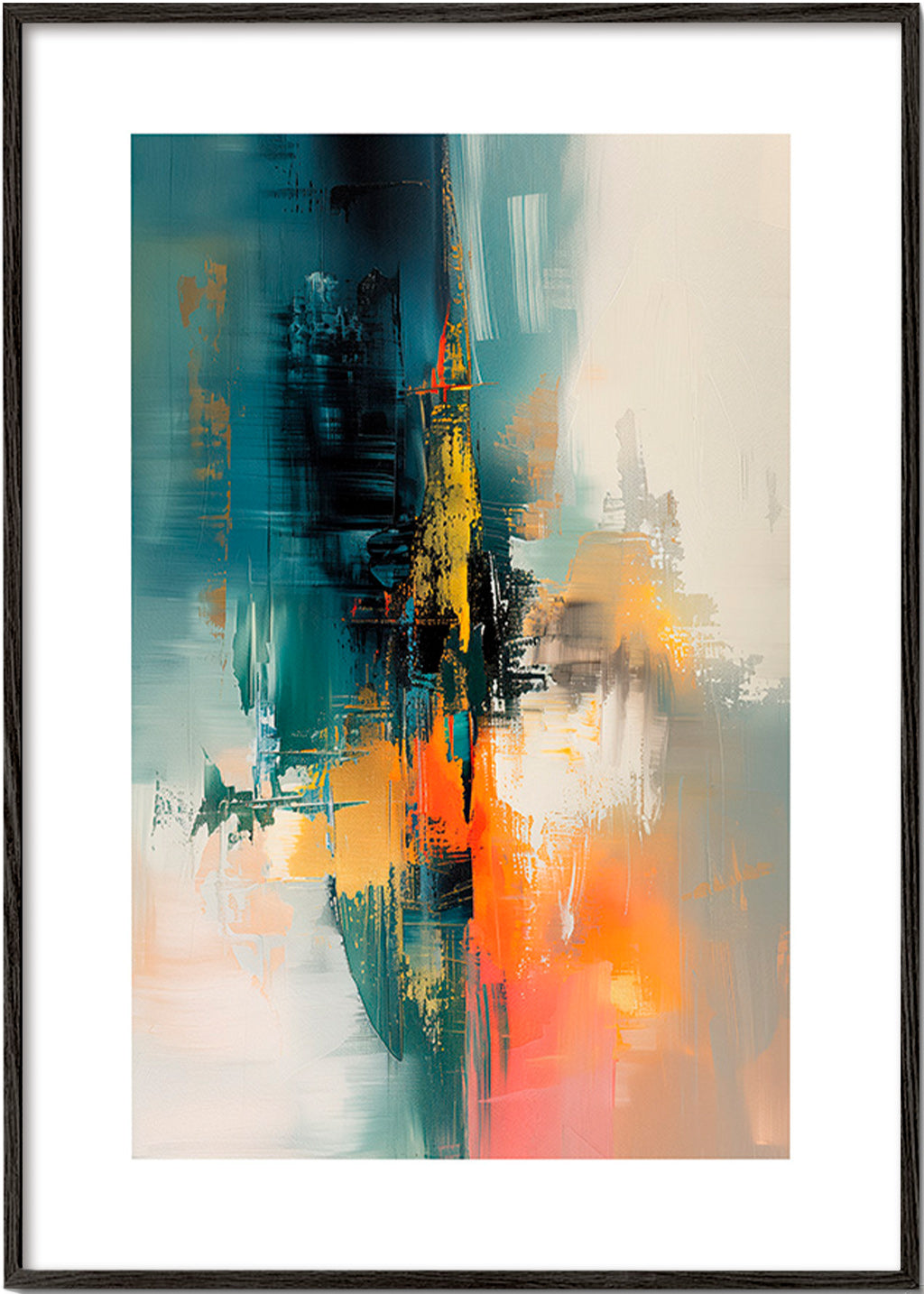 Obraz abstrakcyjny pionowy z niebiesko-pomarańczowymi pociągnięciami – Black Frame
