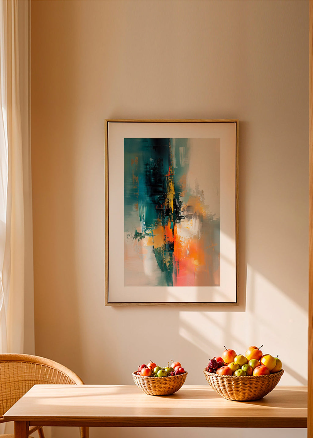 Obraz abstrakcyjny pionowy z niebiesko-pomarańczowymi pociągnięciami – Canvas2