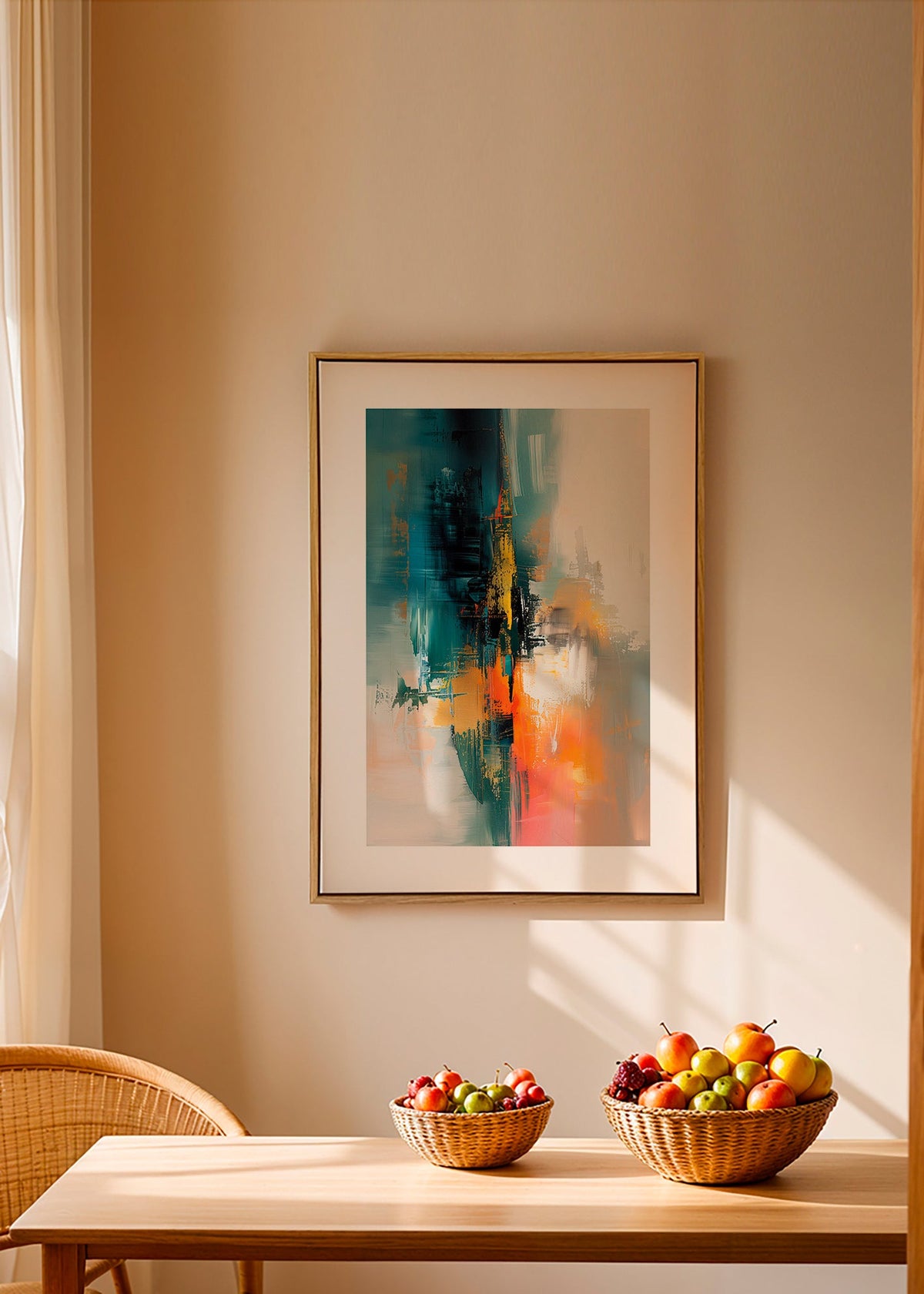 Obraz abstrakcyjny pionowy z niebiesko-pomarańczowymi pociągnięciami – Canvas2