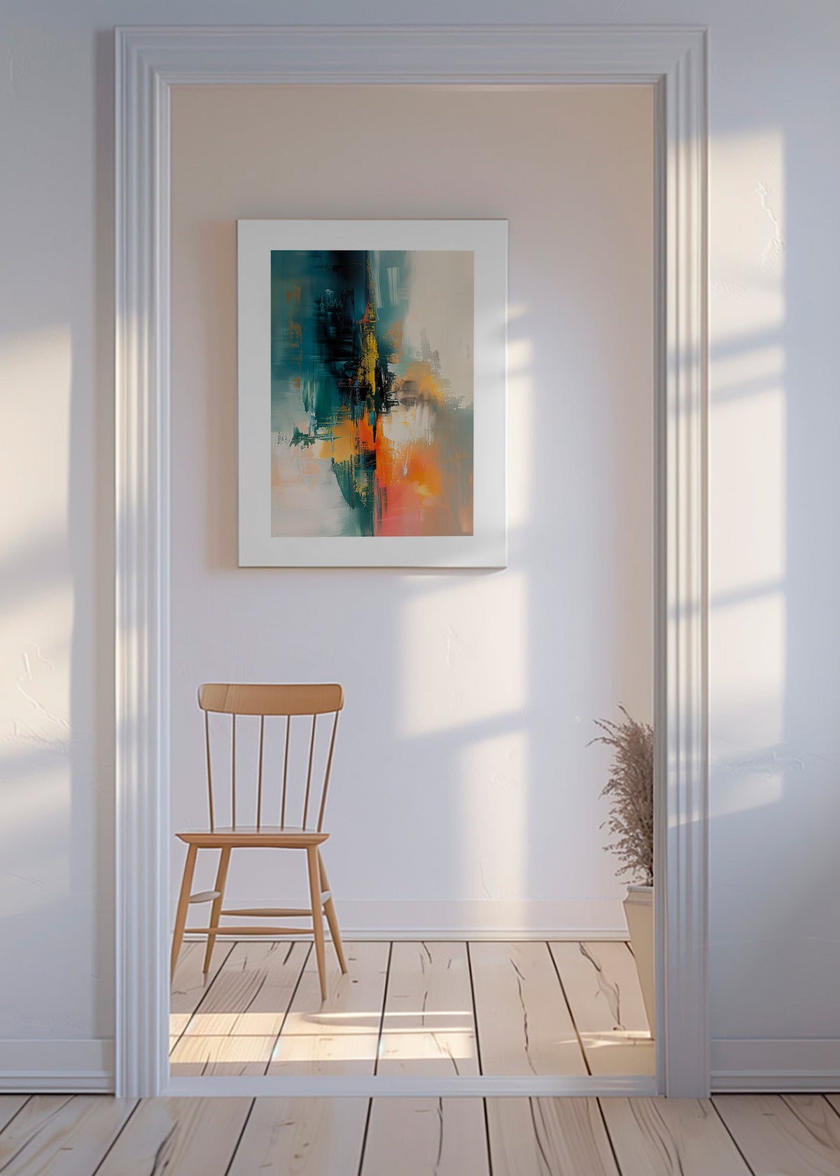 Obraz abstrakcyjny pionowy z niebiesko-pomarańczowymi pociągnięciami – Canvas