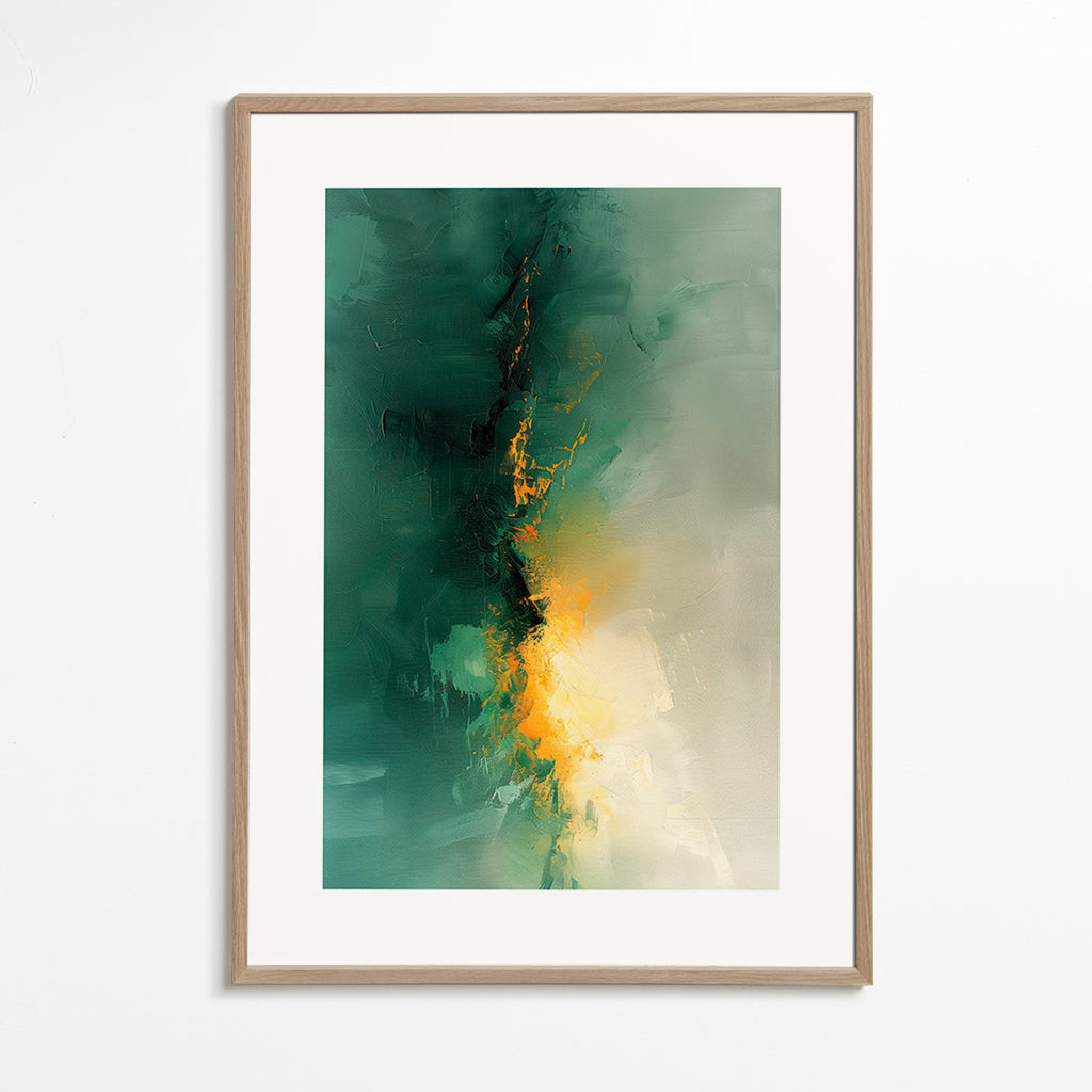 Obraz abstrakcyjny zielono-złoty - Zmierzch – Oak Frame