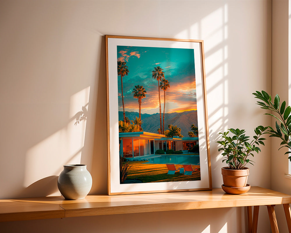 Plakat krajobrazowy: zachód słońca z palmami i basenem – Product3
