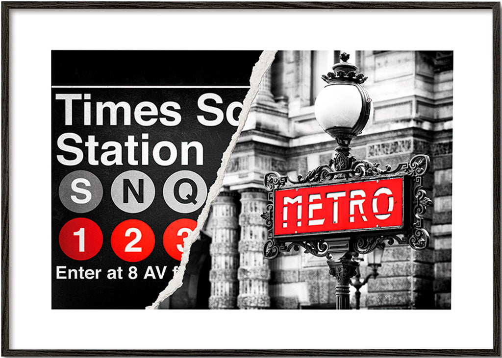 Plakat miast z czerwonym szyldem Metro – Black Frame