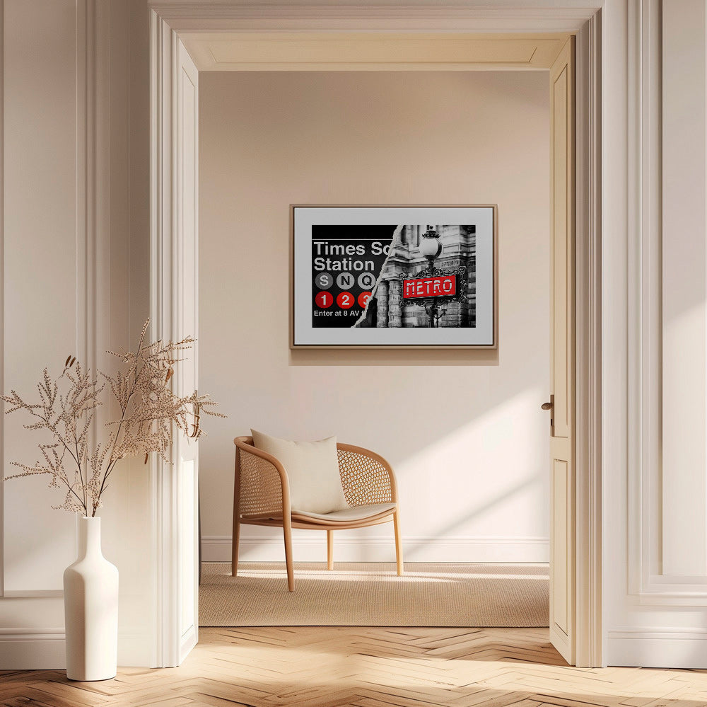 Plakat miast z czerwonym szyldem Metro – Canvas1