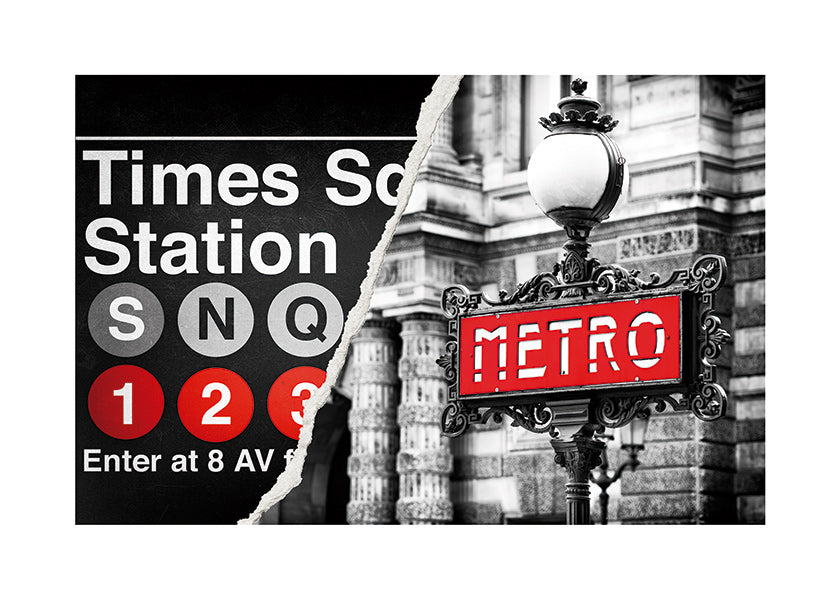 Plakat miast z czerwonym szyldem Metro