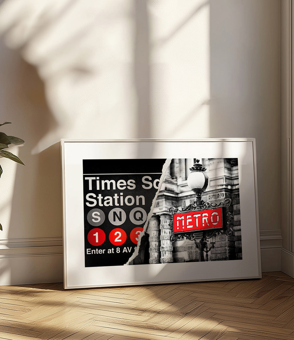 Plakat miast z czerwonym szyldem Metro – Product2