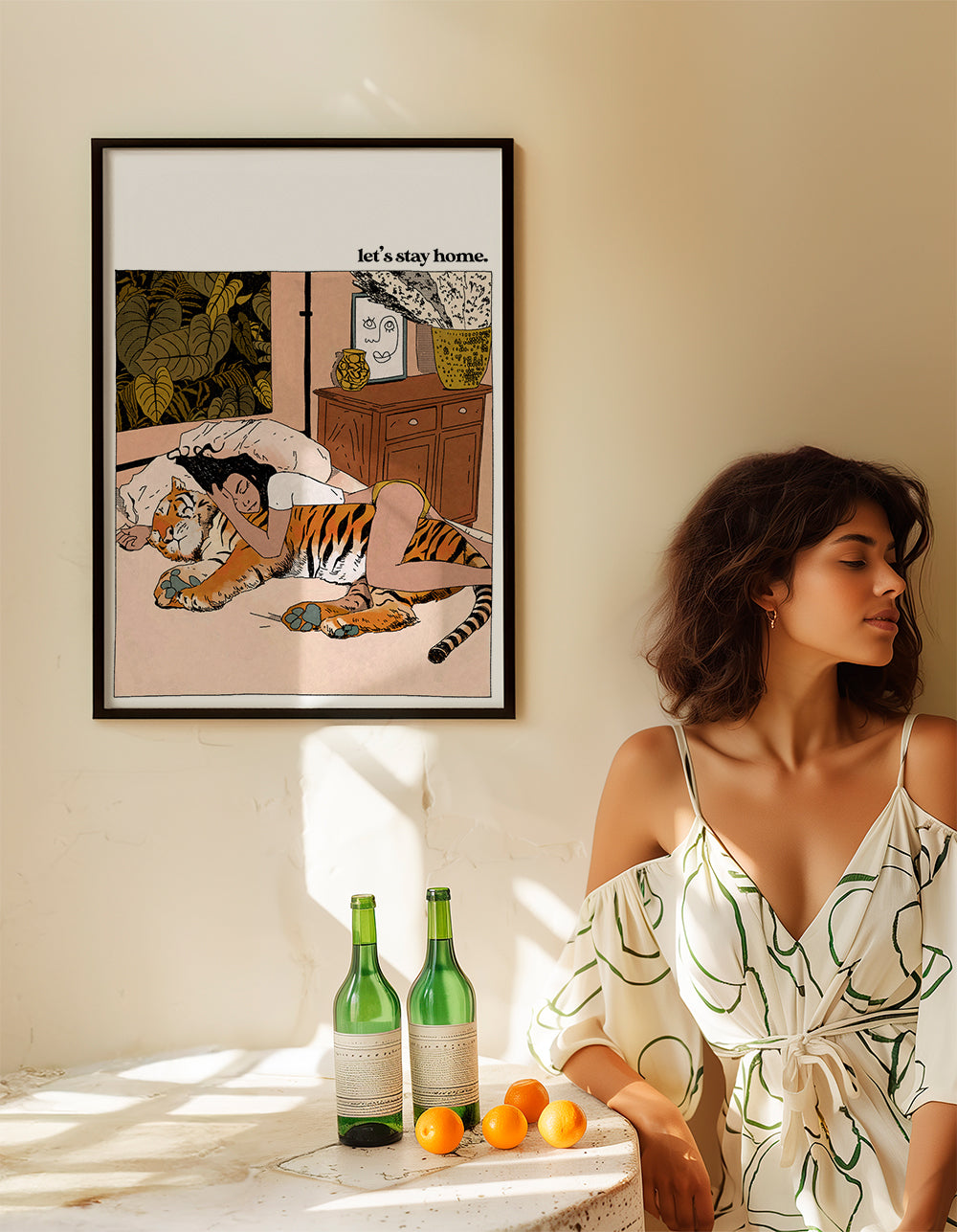 Ilustracja: kobieta przytulająca tygrysa w domu