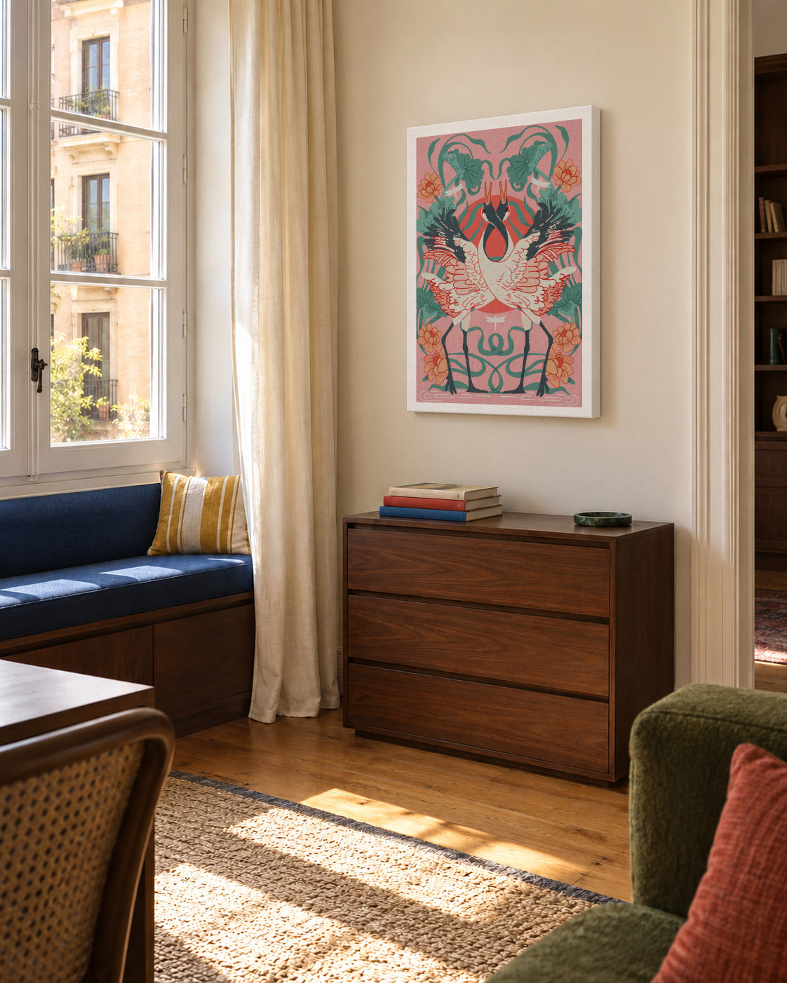 Dancing Cranes - Unframed canvas in an interior