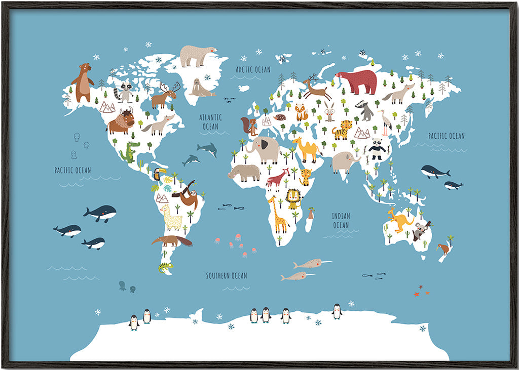 Travel poster: ilustrowana mapa świata ze zwierzętami