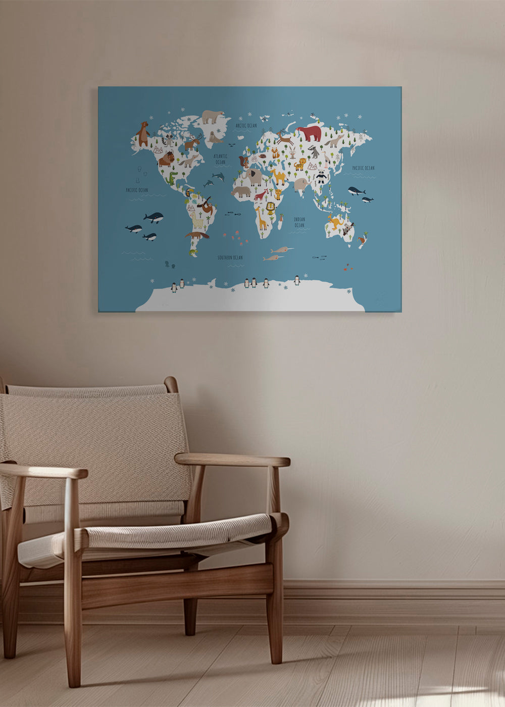 Travel poster: ilustrowana mapa świata ze zwierzętami