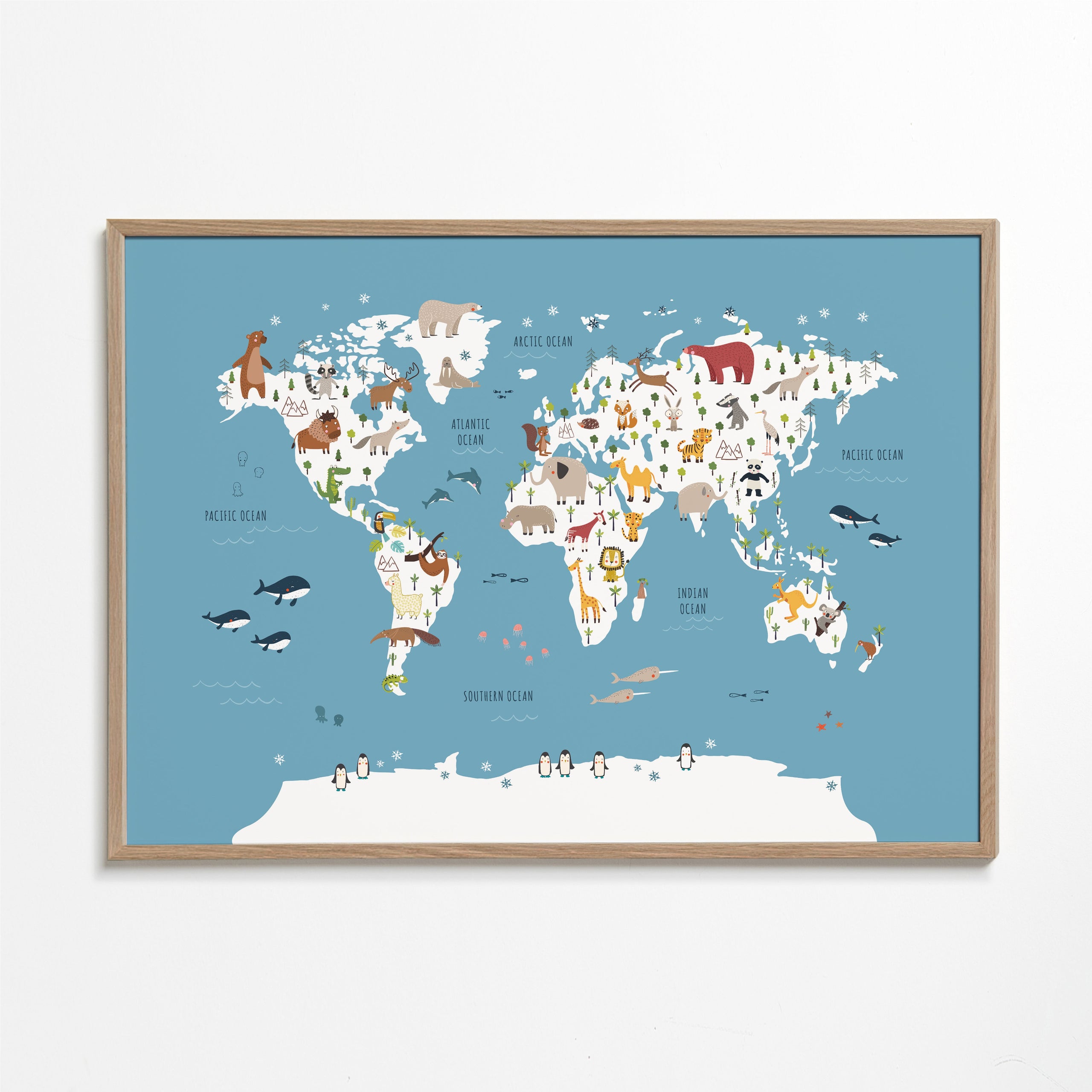 Travel poster: ilustrowana mapa świata ze zwierzętami