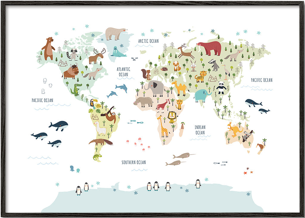 Sztuka do kuchni: mapa świata z ilustracjami zwierząt