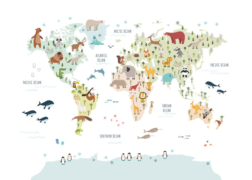 Sztuka do kuchni: mapa świata z ilustracjami zwierząt