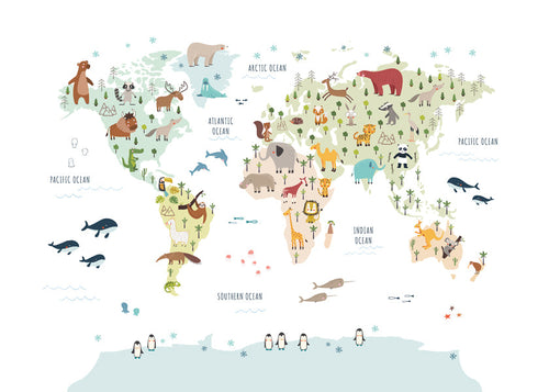 Sztuka do kuchni: mapa świata z ilustracjami zwierząt