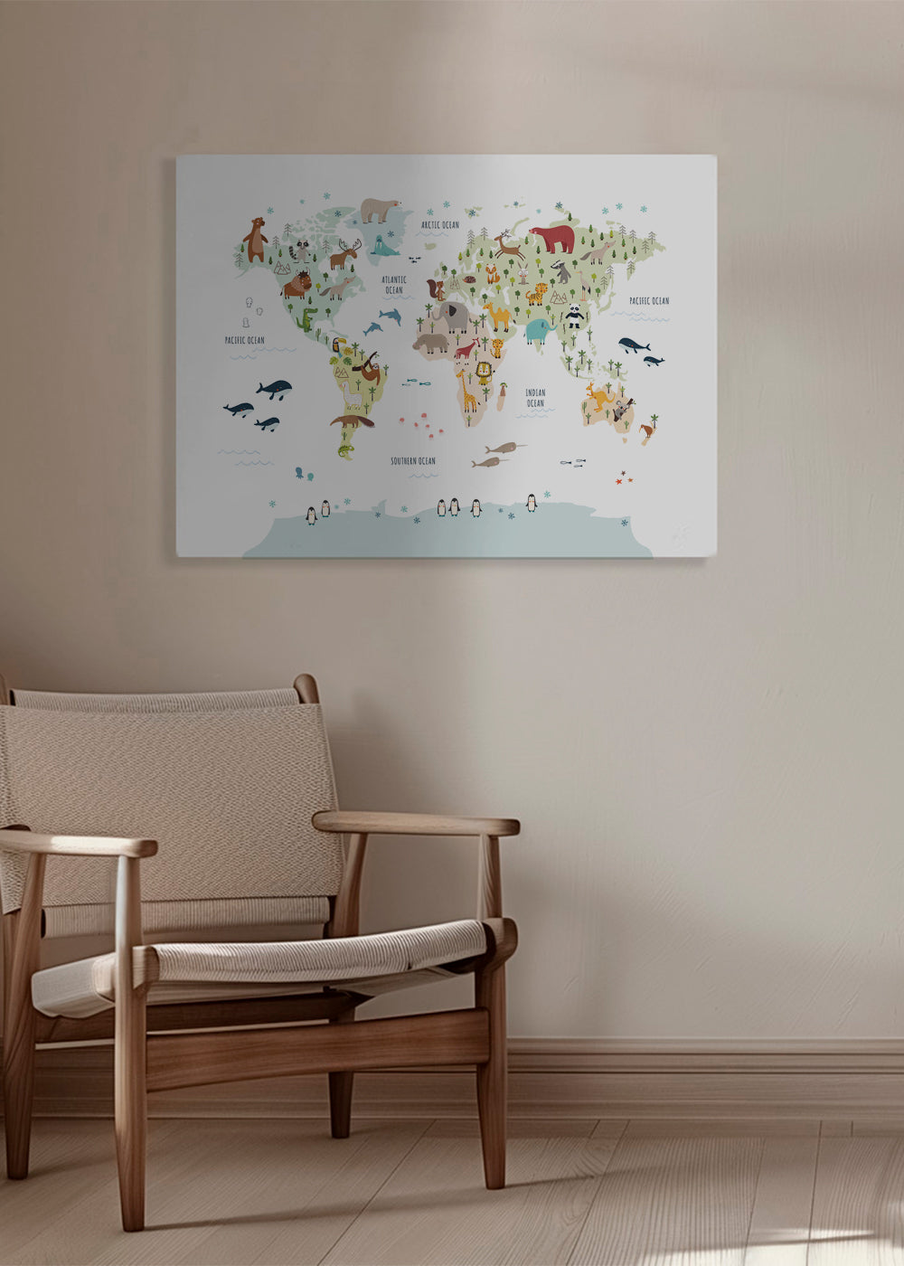 Sztuka do kuchni: mapa świata z ilustracjami zwierząt