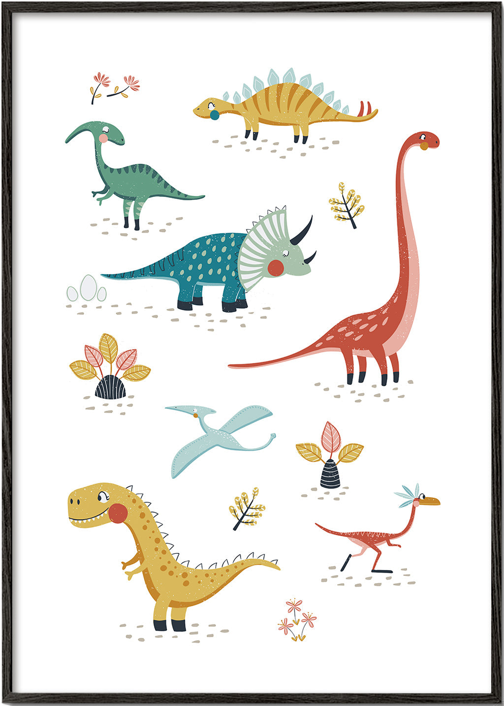 Plakat dziecięcy z wesołymi dinozaurami