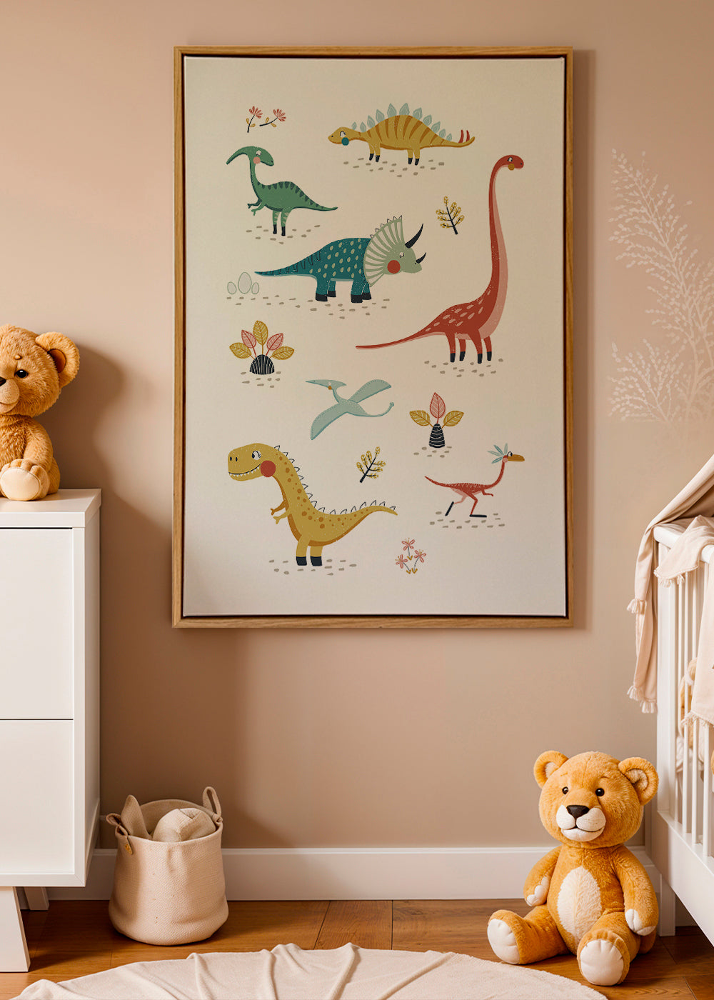 Plakat dziecięcy z wesołymi dinozaurami