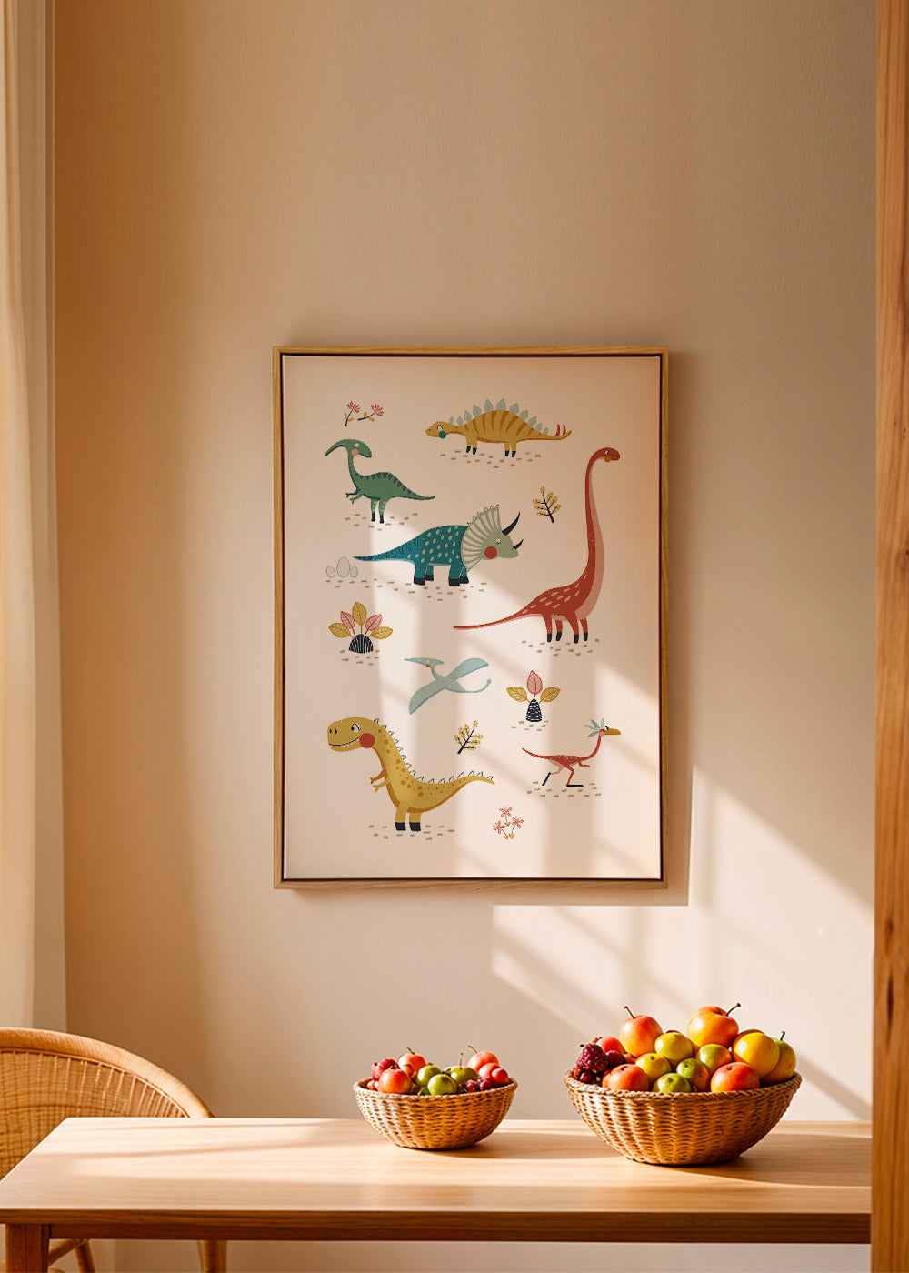 Plakat dziecięcy z wesołymi dinozaurami