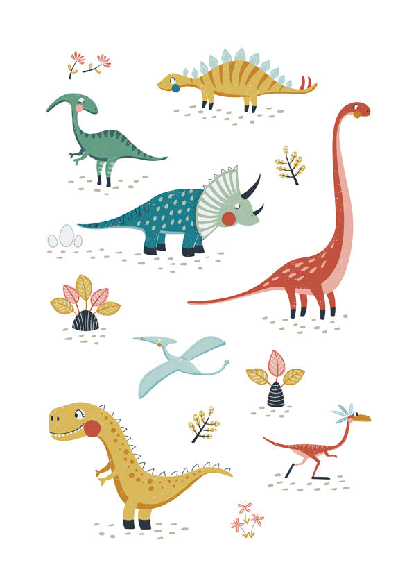 Plakat dziecięcy z wesołymi dinozaurami