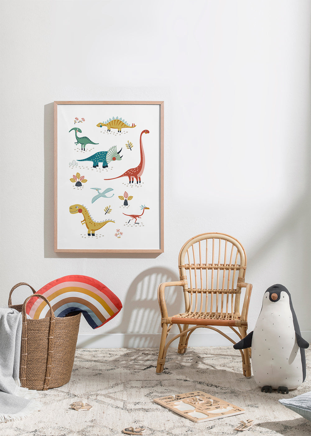 Plakat dziecięcy z wesołymi dinozaurami