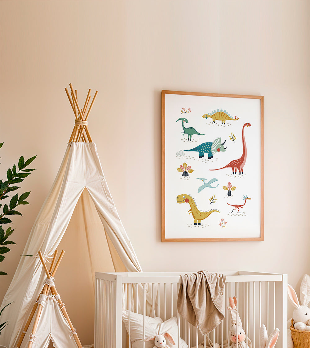 Plakat dziecięcy z wesołymi dinozaurami