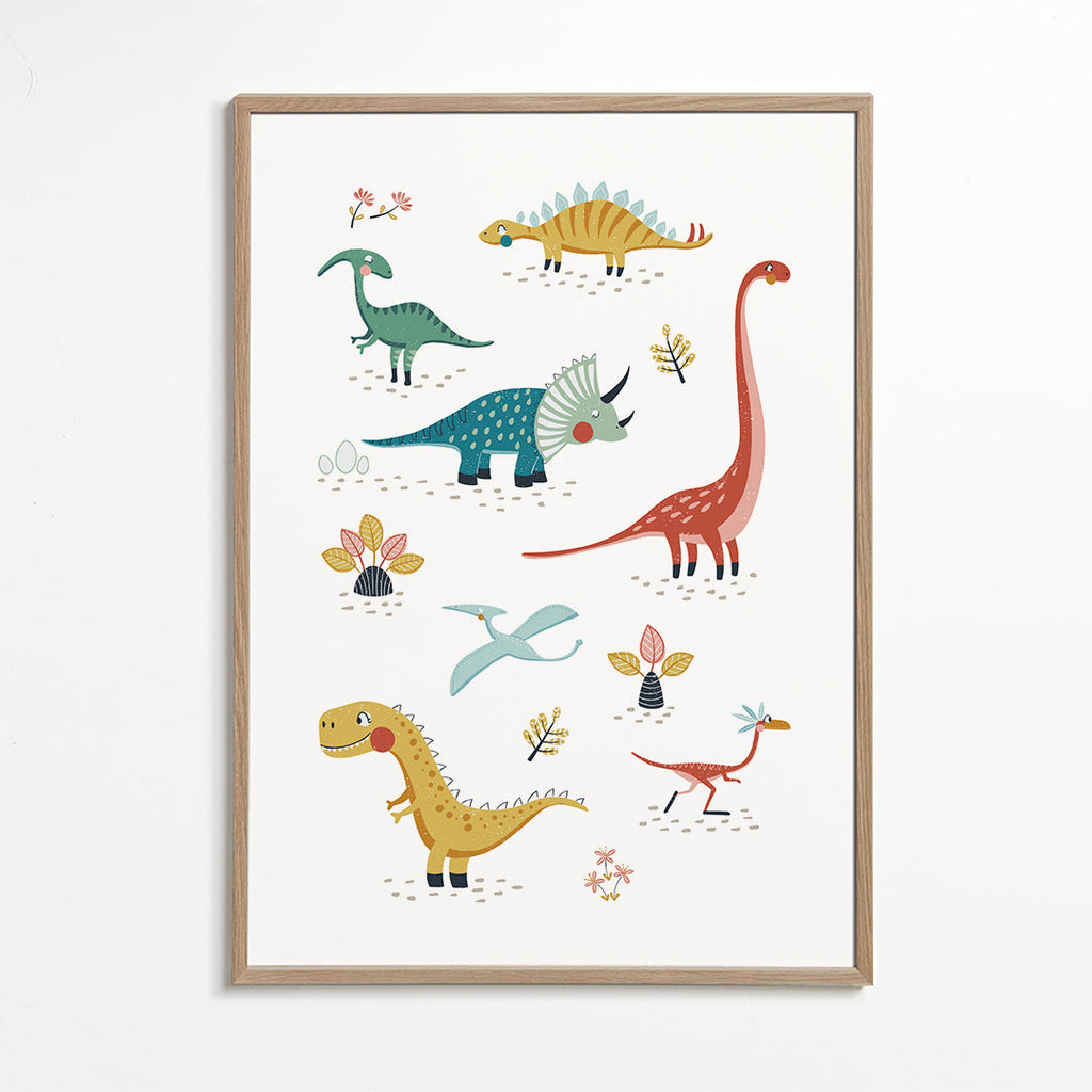 Plakat dziecięcy z wesołymi dinozaurami