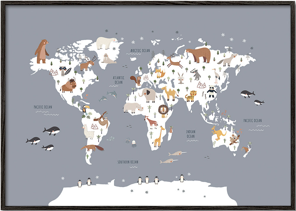 Plakat podróżniczy mapa świata ze zwierzętami kobaltowy
