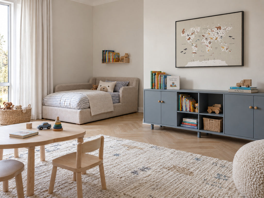 Mapa con animales beige - Framed canvas in an interior